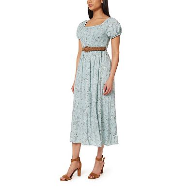 Juniors' WallFlower Smocked Bodice Belted Puff Sleeve Midi Dress