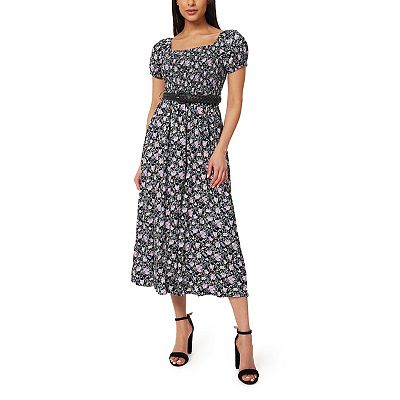 Juniors' WallFlower Smocked Bodice Belted Puff Sleeve Midi Dress