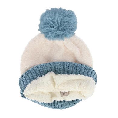 CTM Women's Two Tone Knit Winter Beanie Hat with Pom