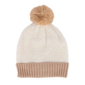 CTM Women's Two Tone Knit Winter Beanie Hat with Pom
