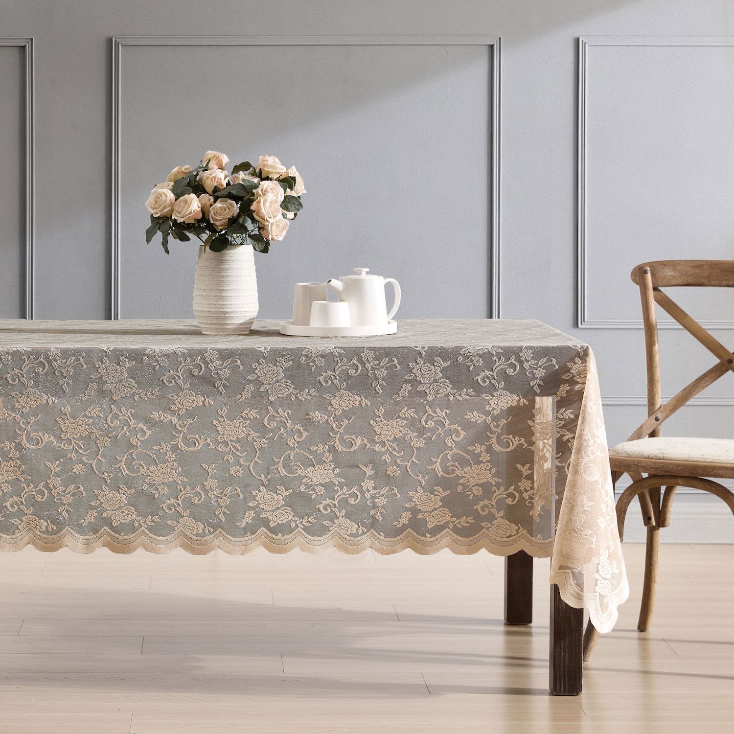 HLC.ME Spitzen-Duschvorhang Mit Floralem Ranken-Design – 183x183 Cm, Taupe, Angenähter Volant, Viktorianischer Stil