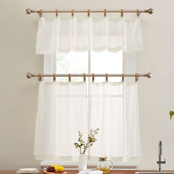 HLC.ME Lena Burlap Flax Linen Semi Sheer 3 pc Tab Top Kitchen Window Curtains, Valance + Tiers Set