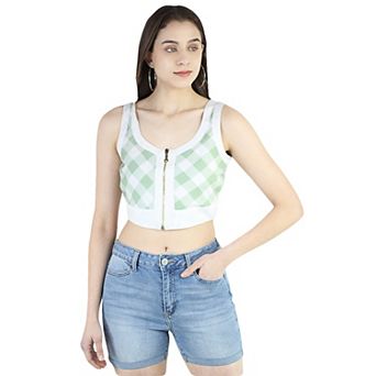 Women's Scoop Neck Sleeveless Checks Casual Crop Top