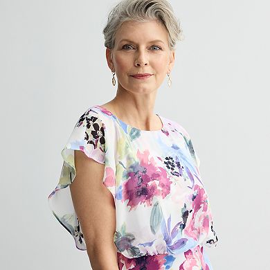 Women's Studio Connection Sheer Overlay Flutter Sleeve Midi Dress