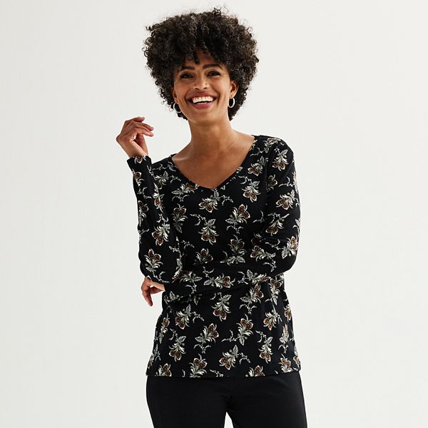 Women's Croft & Barrow® Essential Long Sleeve V-Neck Tee - Black Paisley Flower (X SMALL)