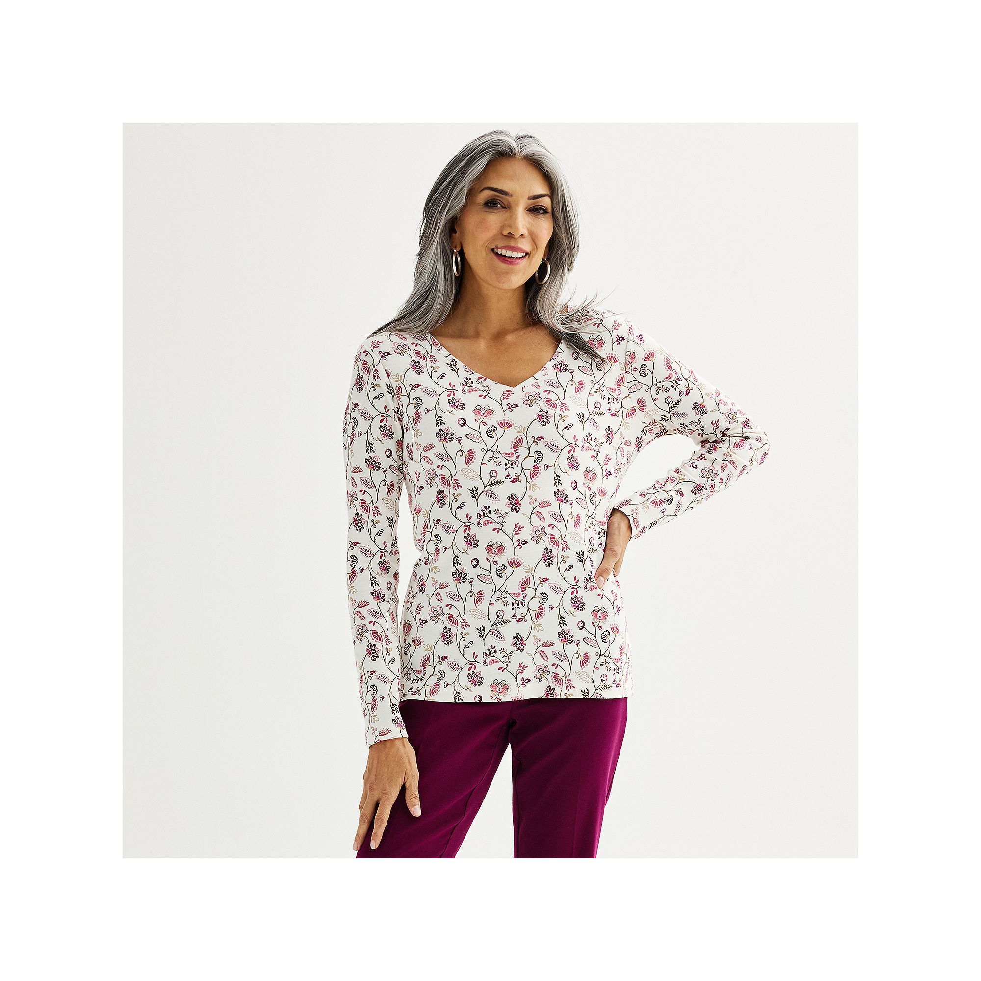 Petite Croft & Barrow® Essential Long-Sleeve V-Neck Top, Womens, Size: XS