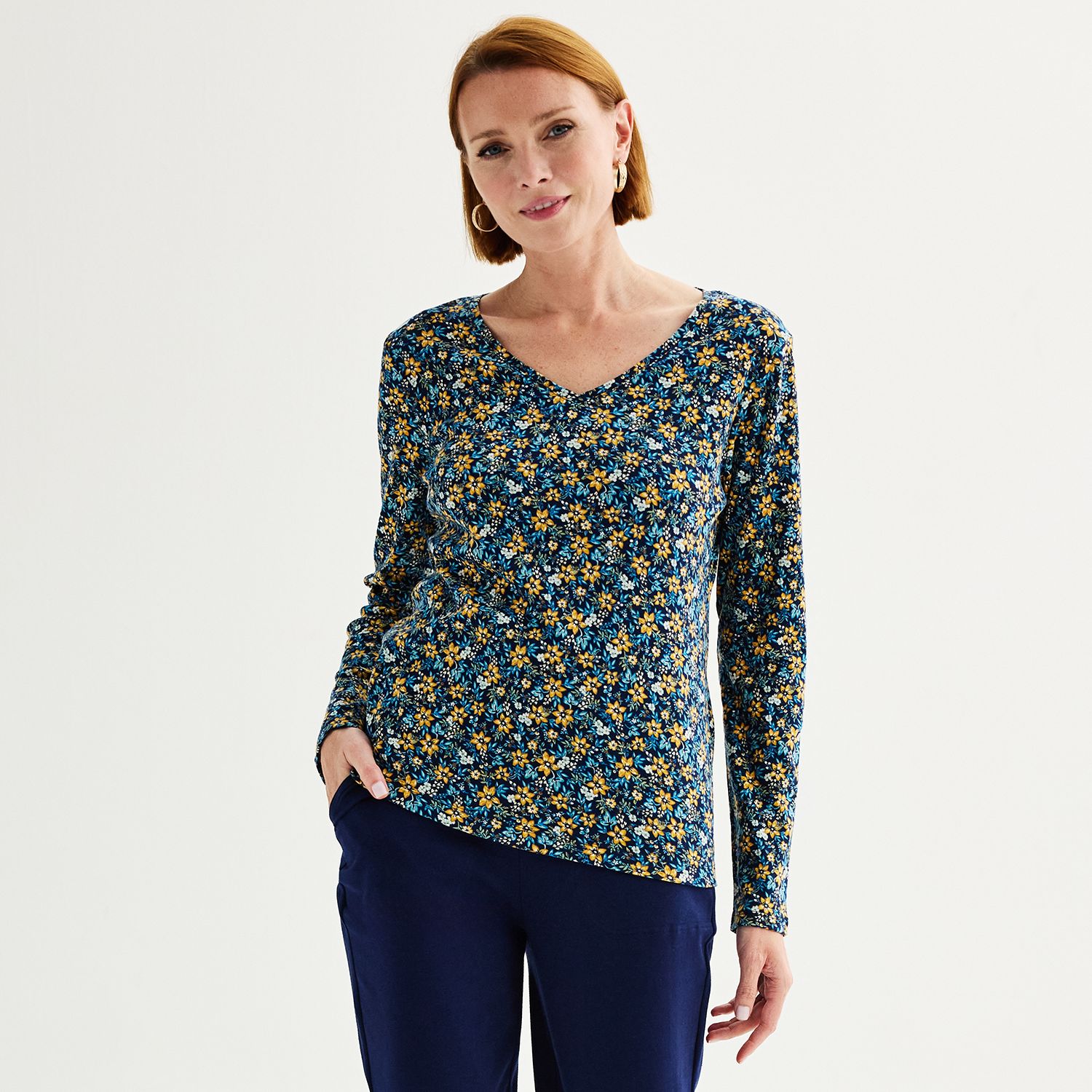 Petite Croft & Barrow® Essential Long-Sleeve V-Neck Top - Navy Vintage Floral (S PETITE)