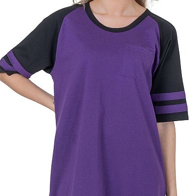 Womens Short Sleeve Two Tone Nightgown with 3 Stripe Accent Sleeves Design with Pocket Sleepshirt