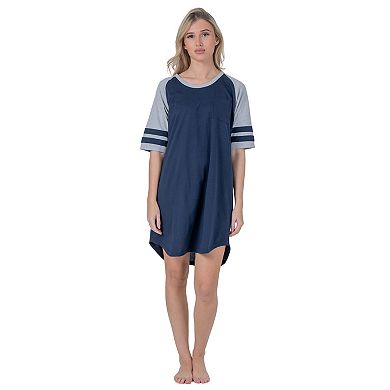 Womens Short Sleeve Two Tone Nightgown with 3 Stripe Accent Sleeves Design with Pocket Sleepshirt