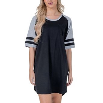 Womens Short Sleeve Two Tone Nightgown with 3 Stripe Accent Sleeves Design with Pocket Sleepshirt