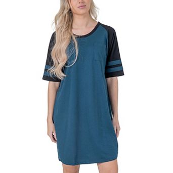 Womens Short Sleeve Two Tone Nightgown with 3 Stripe Accent Sleeves Design with Pocket Sleepshirt
