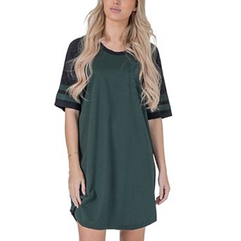 Womens Short Sleeve Two Tone Nightgown with 3 Stripe Accent Sleeves Design with Pocket Sleepshirt
