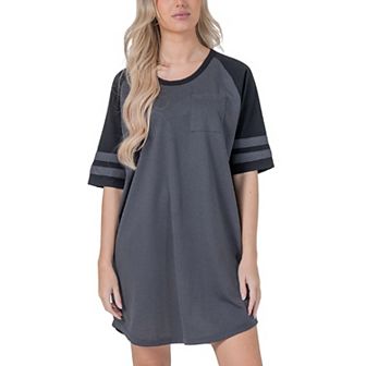 Womens Short Sleeve Two Tone Nightgown with 3 Stripe Accent Sleeves Design with Pocket Sleepshirt