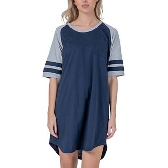 Womens Short Sleeve Two Tone Nightgown with 3 Stripe Accent Sleeves Design with Pocket Sleepshirt