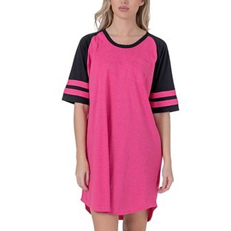 Womens Short Sleeve Two Tone Nightgown with 3 Stripe Accent Sleeves Design with Pocket Sleepshirt