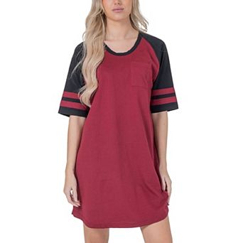 Womens Short Sleeve Two Tone Nightgown with 3 Stripe Accent Sleeves Design with Pocket Sleepshirt