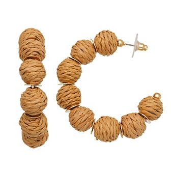Emberly Gold Tone Rattan Raffia Ball C-Hoop Earrings