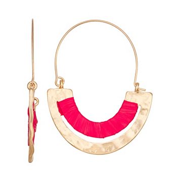 Emberly Hammered Gold Tone Red Raffia Hoop Earrings