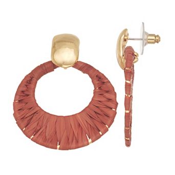 Emberly Gold Tone Brown Raffia Doorknocker Earrings