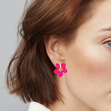 Emberly Gold Tone Pink Sliding Flower Charm Huggie Hoop Earrings