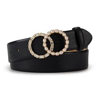 Women's Nine West Crystal & Pearl Double Circle Buckle Belt
