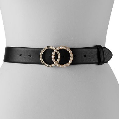 Women's Nine West Crystal & Pearl Double Circle Buckle Belt