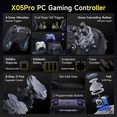 EasySMX X05Pro Wireless Controller with Quiet Buttons 2-Stage Triggers Hall Joysticks for PC Switch