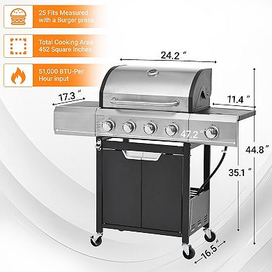 New 5 Burner Grill with Lid 1 Bracket 4 Wheels with Furniture Cover