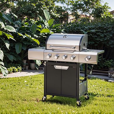 New 5 Burner Grill with Lid 1 Bracket 4 Wheels with Furniture Cover