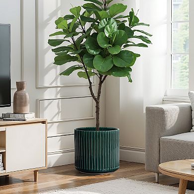 LuxenHome Jade Ribbed Round Ceramic Planter