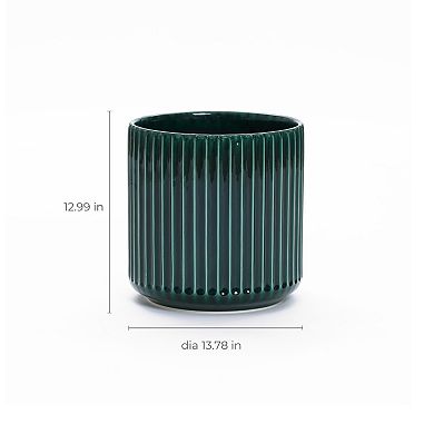 LuxenHome Jade Ribbed Round Ceramic Planter