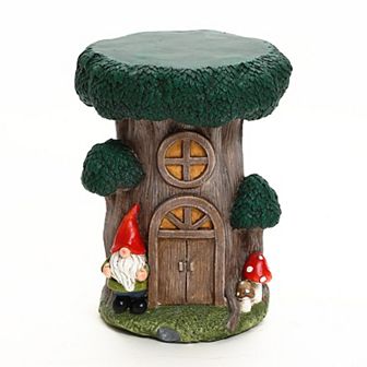 LuxenHome Outdoor Fairy House Side Table, 17'' Tree House Statue Concrete Patio Accent End Table
