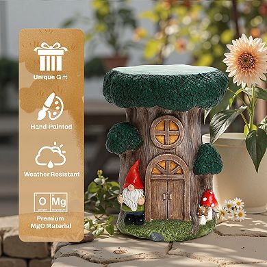 LuxenHome Outdoor Fairy House Side Table, 17'' Tree House Statue Concrete Patio Accent End Table