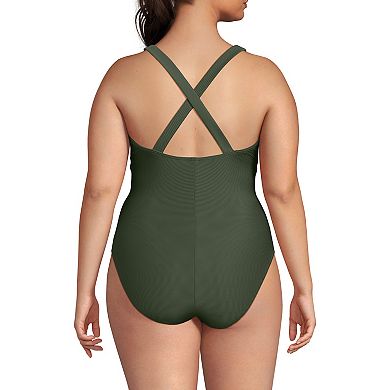 Petite Lands' End Tugless Ribbed X-Back One-Piece Swimsuit