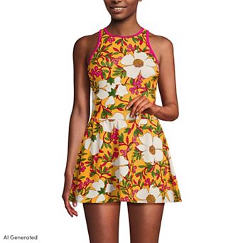 Women's Lands' End Tugless High Neck Swim Dress Swimsuit