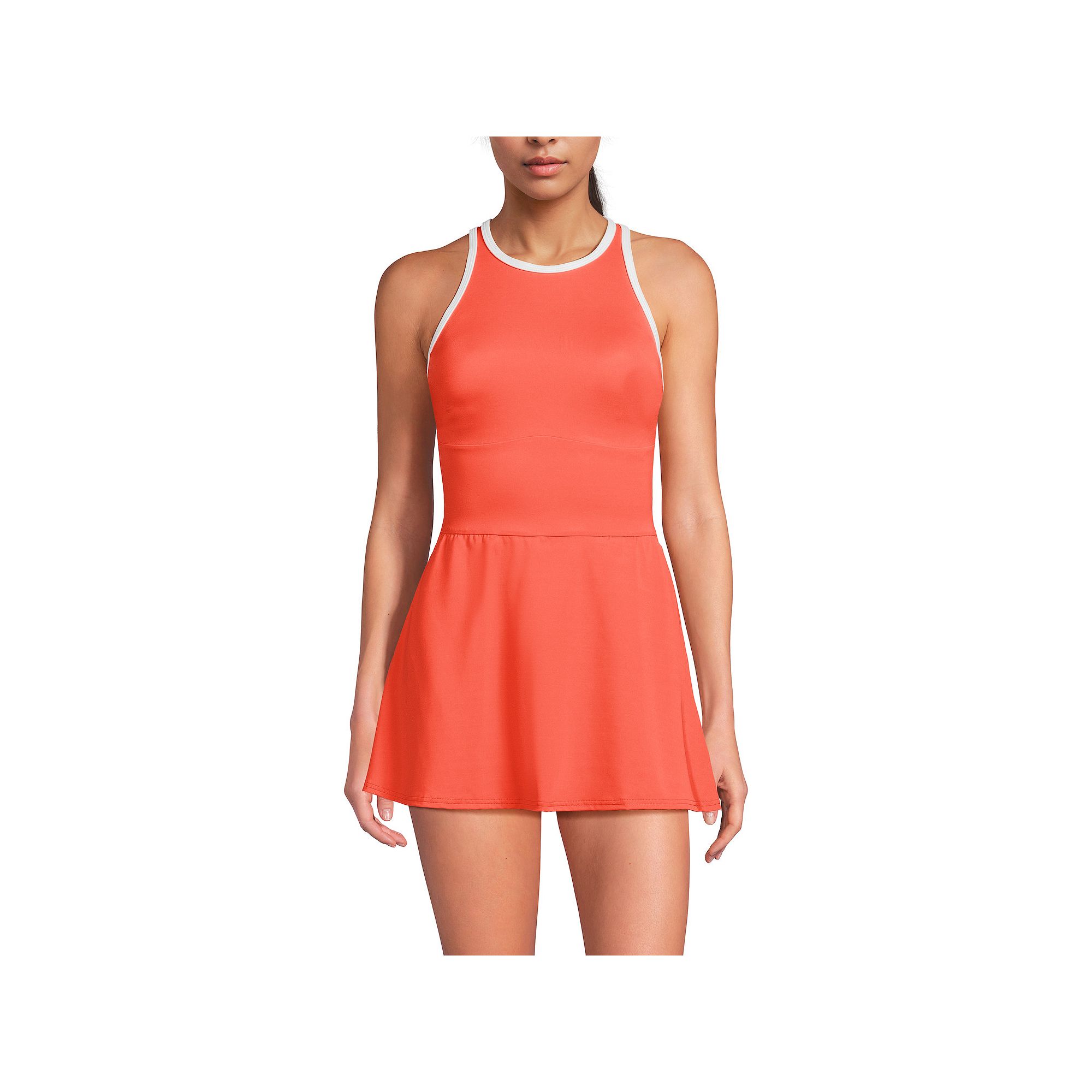 Womens Lands End Tugless High Neck Swim Dress Swimsuit, Size: 2, Papaya O