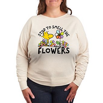 Plus Size Peanuts Woodstock Smell The Flowers French Terry Long Sleeve Tee
