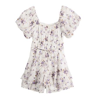 Girls 7-16 Poppies & Roses Puff Sleeve Waist Tie Romper
