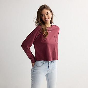 Juniors' SO® Boxy Crop Long Sleeve Pocket Top