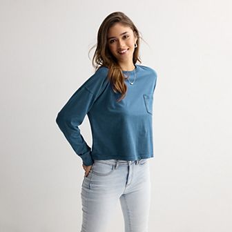 Juniors' SO® Boxy Crop Long Sleeve Pocket Top