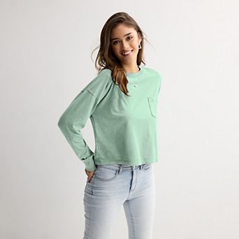 Juniors' SO® Boxy Crop Long Sleeve Pocket Top