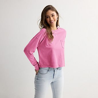 Juniors' SO® Boxy Crop Long Sleeve Pocket Top