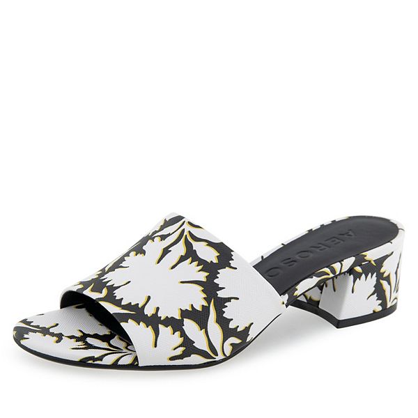 Aerosoles COMO Women's Block Heel Slide Sandals - White Black Floral (6)