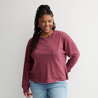 Juniors' Plus Size SO® Boxy Crop Long Sleeve Pocket Top