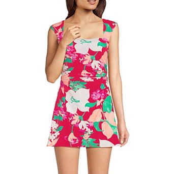 Women's Lands' End Smoothing Square Neck Ruched Swim Dress Swimsuit