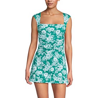Women's Lands' End Smoothing Square Neck Ruched Swim Dress Swimsuit