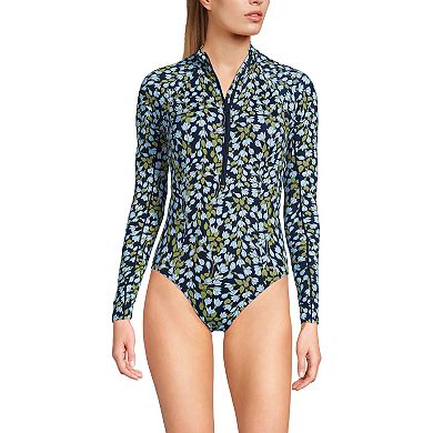 Women's Lands' End Tugless Long Sleeve Rashguard One Piece Swim Suit Reg Size