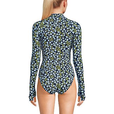 Women's Lands' End Tugless Long Sleeve Rashguard One Piece Swim Suit Reg Size