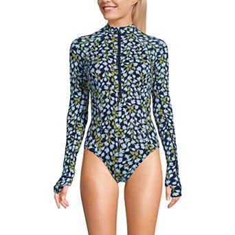 Women's Lands' End Tugless Long Sleeve Rashguard One Piece Swim Suit