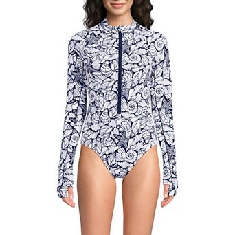Women's Lands' End Tugless Long Sleeve Rashguard One Piece Swim Suit